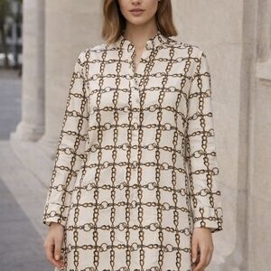 Zara Long Sleeve Dress with Chain Design - Cream and Brown